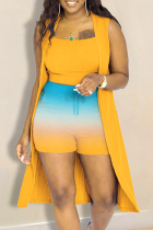 Yellow Casual Gradient Color Cardigan Collar Sleeveless Three Pieces