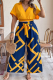 Orange Casual Print Strap Design V Neck Plus Size Two Pieces