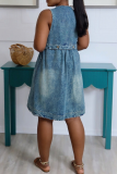 Blue Casual Solid Color Pocket Buckle V Neck Sleeveless Loose Denim Dresses