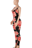 Black Pink Sexy Print Zipper U Neck Skinny Jumpsuits