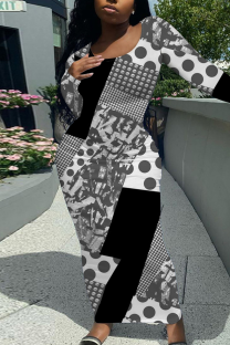 Black Gray Casual Print Patchwork O Neck Long Dresses