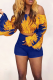 Blue Casual Print Patchwork Off Shoulder Long Sleeve Two Pieces