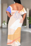 Orange White Casual Print Patchwork Off Shoulder Long Dresses