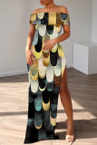 Black Casual Print Slit Off Shoulder Long Dresses