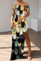Multicolor Casual Print Slit Off Shoulder Long Dresses