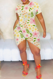 Pink Sexy Print Slit O Neck Wrapped Skirt Dresses