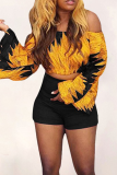 Red Casual Print Patchwork Off Shoulder Long Sleeve Two Pieces