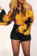 Black Casual Print Patchwork Off Shoulder Long Sleeve Two Pieces