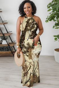 Light Khaki Casual Print Patchwork O Neck Long Dresses