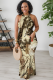 Light Khaki Casual Print Patchwork O Neck Long Dresses
