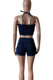Blue Sexy Solid Color Backless Cross Straps Halter Sleeveless Two Pieces