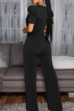 Black Casual Solid Color Hollow Out Bow Decor O Neck Bodycon Jumpsuits