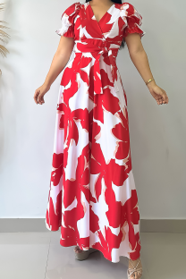 Red Casual Print Strap Design V Neck Long Dresses