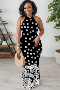 Black Casual Print Patchwork O Neck Long Dresses