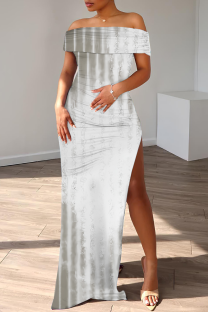 Gray White Casual Print Slit Off Shoulder Long Dresses