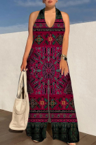 Rose Red Casual Print Backless Halter Loose Jumpsuits