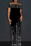Black Casual Print Slit Off Shoulder Long Dresses