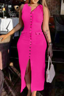 Rose Red Casual Solid Color Buckle Slit V Neck Long Dresses