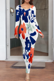 Blue White Casual Print Patchwork O Neck Long Dresses