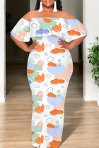 White Casual Print Patchwork Off Shoulder Long Dresses