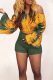 Army Green Casual Print Patchwork Off Shoulder Long Sleeve Two Pieces