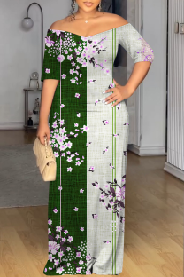 Ink Green Casual Print Patchwork Off Shoulder Long Dresses