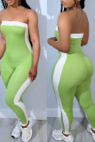 Rose Red Sexy Solid Color Contrast Strapless Skinny Jumpsuits
