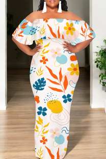 Orange White Casual Print Patchwork Off Shoulder Long Dresses