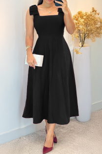 Black Sexy Solid Color Bow Decor Spaghetti Strap Long Dresses