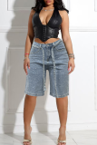 Light Blue Casual Solid Color With Belt Hot Drill Mid Waist Loose Denim Shorts