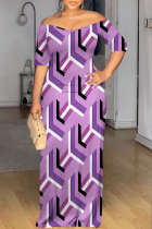 Purple Casual Print Patchwork Off Shoulder Long Dresses