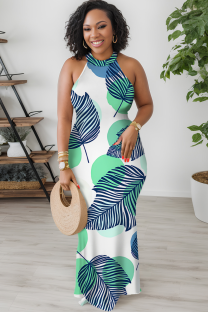 Turquoise Casual Print Patchwork O Neck Long Dresses