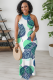 Turquoise Casual Print Patchwork O Neck Long Dresses