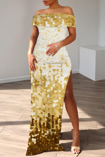 Gold Casual Print Slit Off Shoulder Long Dresses