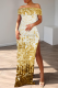 Gold Casual Print Slit Off Shoulder Long Dresses