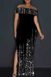 Black Casual Print Slit Off Shoulder Long Dresses