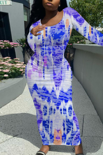 Blue Purple Casual Print Patchwork O Neck Long Dresses