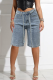 Light Blue Casual Solid Color With Belt Hot Drill Mid Waist Loose Denim Shorts
