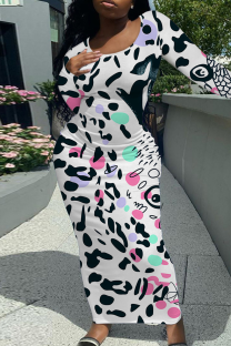 White Casual Print Patchwork O Neck Long Dresses
