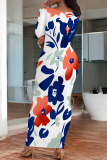 Blue White Casual Print Patchwork O Neck Long Dresses