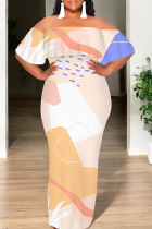 Light Khaki Casual Print Patchwork Off Shoulder Long Dresses