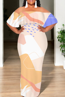 Light Khaki Casual Print Patchwork Off Shoulder Long Dresses