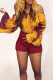 Red Casual Print Patchwork Off Shoulder Long Sleeve Two Pieces