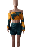 Red Casual Print Patchwork Off Shoulder Long Sleeve Two Pieces