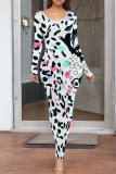 Blue White Casual Print Patchwork O Neck Long Dresses