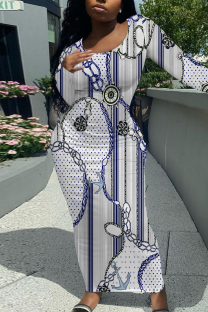 Blue White Casual Print Patchwork O Neck Long Dresses