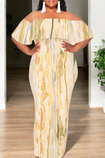 Beige Casual Print Patchwork Off Shoulder Long Dresses