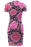 Pink Sexy Print Slit O Neck Wrapped Skirt Dresses