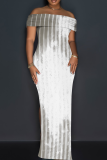 Black Casual Print Slit Off Shoulder Long Dresses