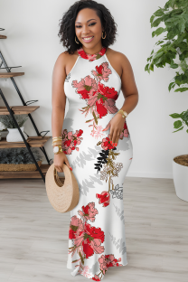 White Casual Print Patchwork O Neck Long Dresses